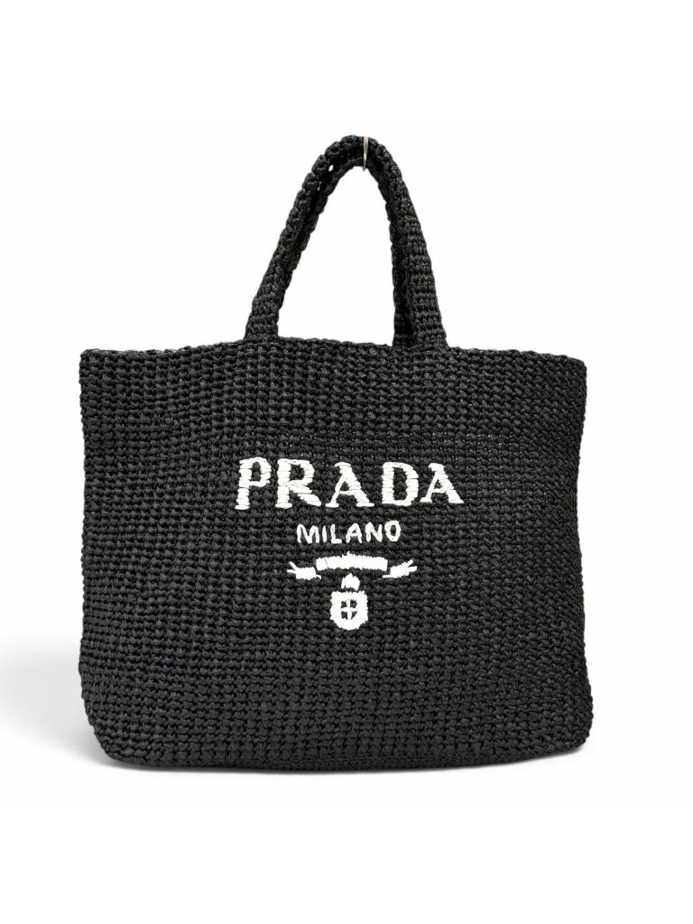 Prada Clochette Tote Bag Raffia Triangle Logo Basket Black